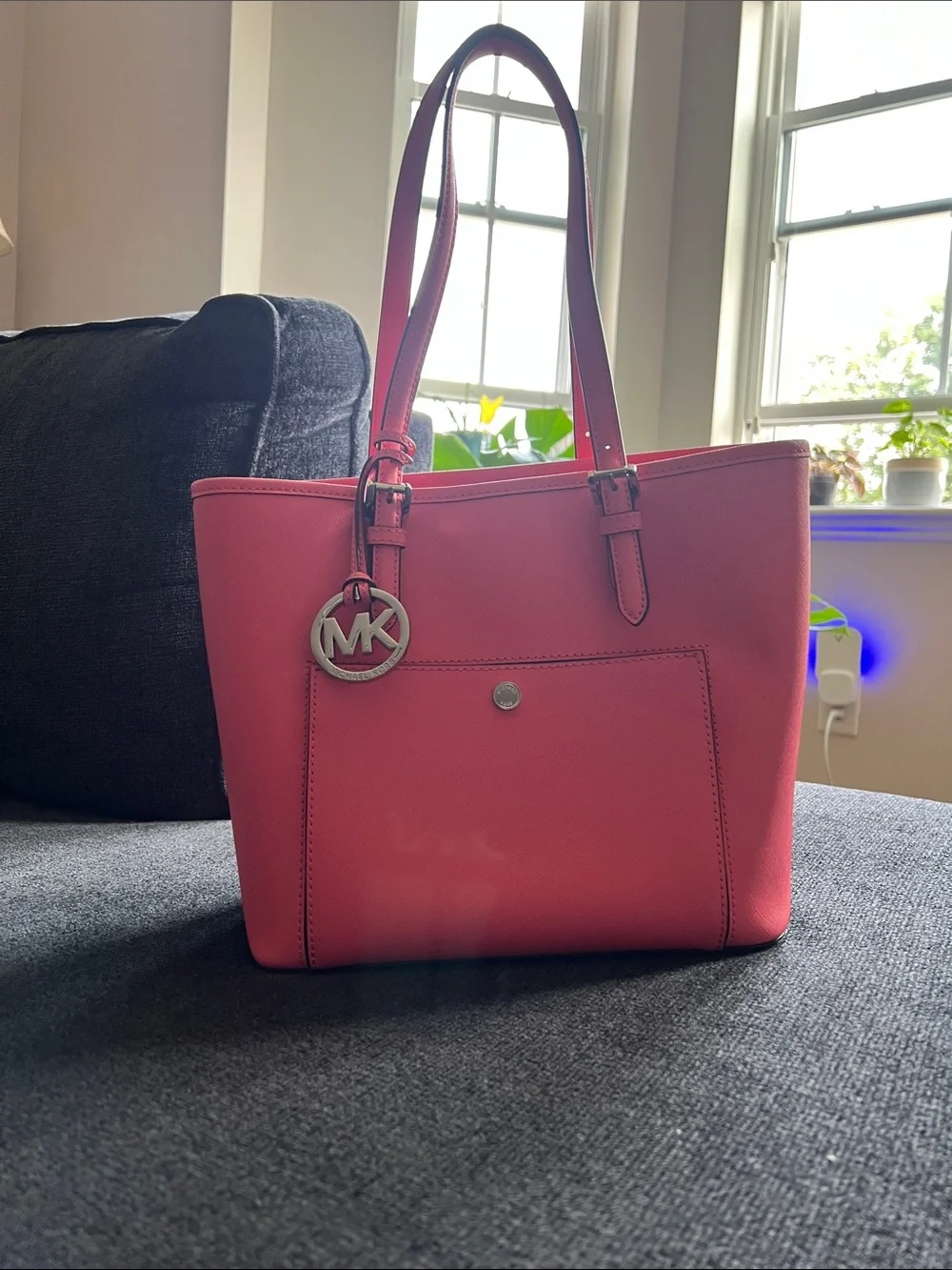 Michael Kors Coral Pink Leather Tote with MK Charm